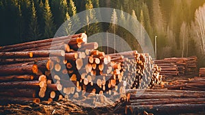 Stacked Logs in Forest  Timber Industry  Wood Harvesting photo