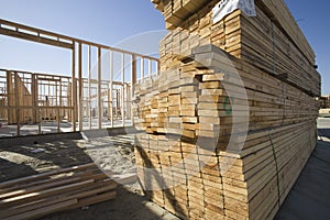 Stacked Lumber At Construction Site