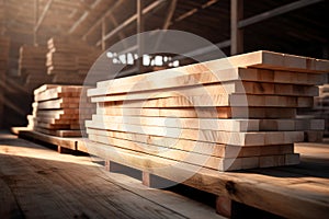 Stacked lumber on warehouse shelf, available for construction purchase. Wood planks stored indoors, suitable for