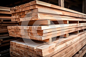 Stacked lumber on warehouse shelf, available for construction purchase. Wood planks stored indoors, suitable for