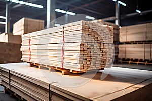 Stacked lumber on warehouse shelf, available for construction purchase. Wood planks stored indoors, suitable for