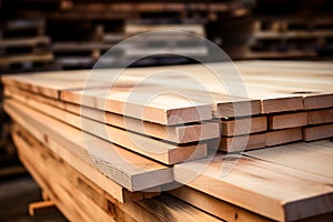 Stacked lumber on warehouse shelf, available for construction purchase. Wood planks stored indoors, suitable for