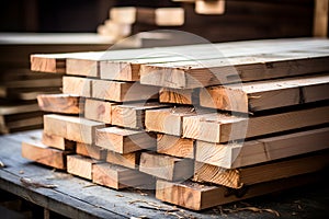 Stacked lumber on warehouse shelf, available for construction purchase. Wood planks stored indoors, suitable for