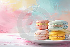 Stacked macarons against pastel abstract background