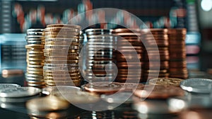 Stacked Metallic Coins on Table.AI generated image