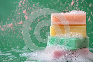 Stacked multi-colored soap bars with frothy bubbles on a green background, ideal for articles on personal cleanliness