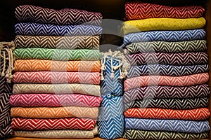 Stacked multicolored clothing fabric in the closet bed linen banner.