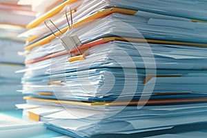 Stacked office documents secured by paper clip, extreme close up