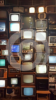 Stacked old televisions form a brown metal rectangle on hardwood shelving photo