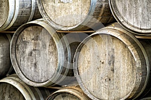 Stacked old wood wine casks