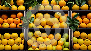 Stacked Oranges and Lemons on Shelf