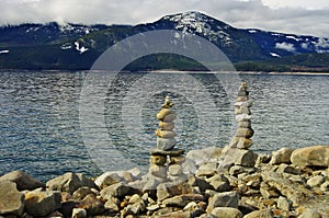 Stacked pebble on the lake shore