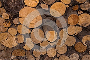 Stacked pile chopped logs pine logging stocking winter stove background