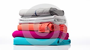 stacked pile of colorful folded clothes, highlighting a variety of fabrics and shades from neutral to vibrant on a white