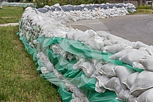 Stacked pile of sandbags for flood defense 2