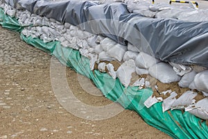 Stacked pile of sandbags for flood defense