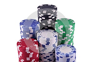Stacked poker chips isolated on white