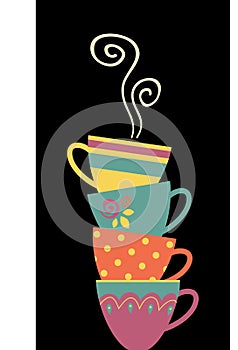 Stacked porcelain tea cups swirl steam isolated vector