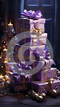 Stacked purple gifts with bows, Christmas tree baubles all around. Gifts as a day symbol of present and