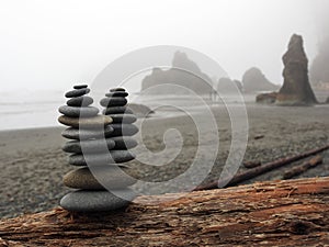 Stacked Rocks on a Foggy Ruby Beach