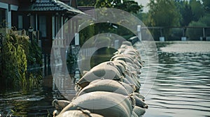 Stacked sandbags for flood defense beside a water body