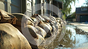 Stacked sandbags for flood defense beside a water body photo