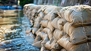 Stacked sandbags for flood defense beside a water body photo