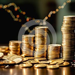 Stacked shiny golden coins of different value with stock chart in background, finances, investment, stock, savings concept