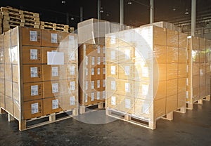 Stacked of shipment boxes at warehouse storage. package box, packaging. Manufacturing warehouse stock cargo shipping goods.