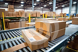 stacked shipping boxes on a warehouse conveyor