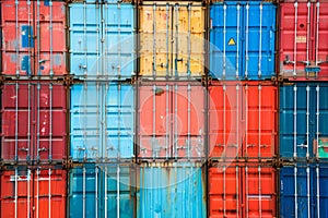 Stacked shipping container on logistics center, Abstract container background, Generative AI
