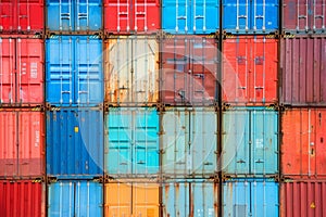 Stacked shipping container on logistics center, Abstract container background, Generative AI