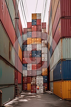 stacked shipping containers in a storage yard