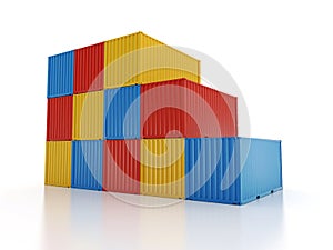 Stacked shipping containers on white background