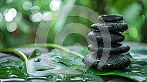 Stacked smooth black stones on a wet green leaf, serene nature setting. Concept of zen, meditation, and natural harmony