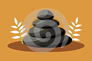 Stacked smooth stones with a decorative branch on a warm orange background. Zen stone stack illustration. Concept of