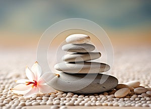 Stacked smooth zen stones. Balancing pebbles with flower