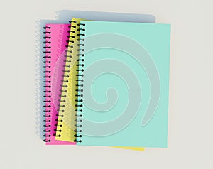 Stacked spiral binder notebooks. Blank colourful notebooks. Top view. 3D rendering illustration.