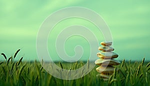 Stacked stones in a field zen garden nature balance tranquility peace Generative AI photo