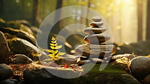 Stacked stones in the forest with sunbeams. Zen concept