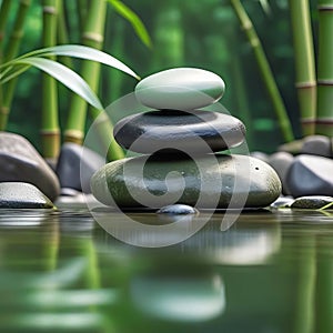 Stacked stones on green bamboo background, empty copy space, background for spa and relaxation,