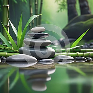 Stacked stones on green bamboo background, empty copy space, background for spa and relaxation,