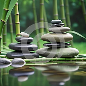 Stacked stones on green bamboo background, empty copy space, background for spa and relaxation,