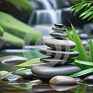 Stacked stones on green bamboo background, empty copy space, background for spa and relaxation,