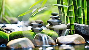 Stacked stones on green bamboo background, empty copy space, background for spa and relaxation,