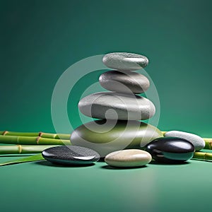 Stacked stones on green bamboo background, empty copy space, background for spa and relaxation,