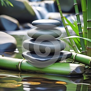 Stacked stones on green bamboo background, empty copy space, background for spa and relaxation,