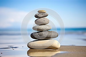 stacked stones in perfect balance on pebble beach