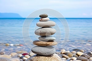 stacked stones in perfect balance on pebble beach