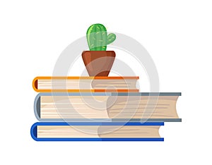 Stacked textbooks. Cartoon pile encyclopedias bookss with cactus decor, vector